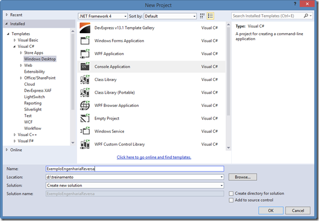 create a new Console project in Visual Studio 2013